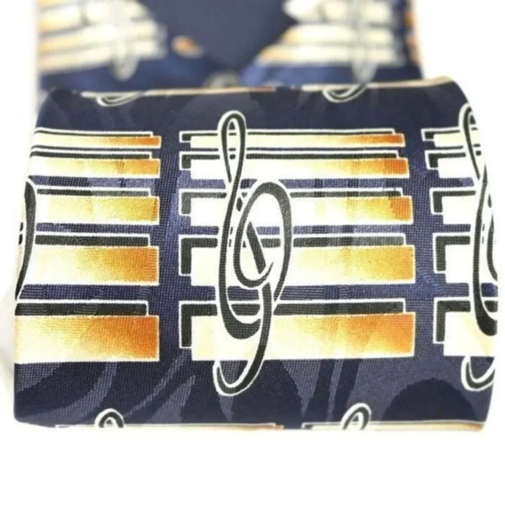 Steven Harris Tie Necktie Music Musical Notes Band Blue Tan‎ Gold Hand Made